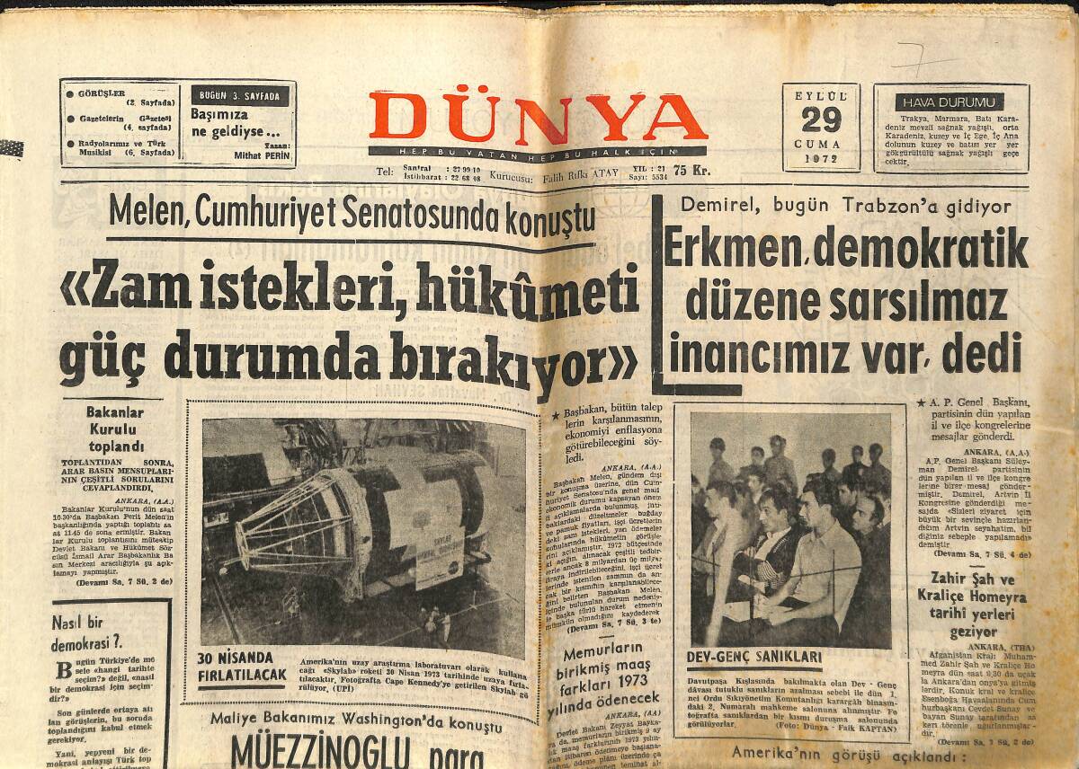 Dünya Gazetesi 29 Eylül 1972 - Demirel Bugün Trabzon'a Gidiyor - As Solistler Zam Yapınca Eğlence Dünyası Karıştı, Zeki Müren: Zam Gerekli GZ147963 - 1