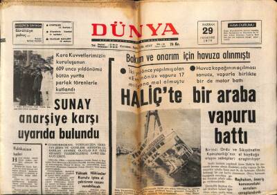 Dünya Gazetesi 29 Haziran 1972 - Haliçte Bir Araba Vapuru Battı GZ82223 - 1
