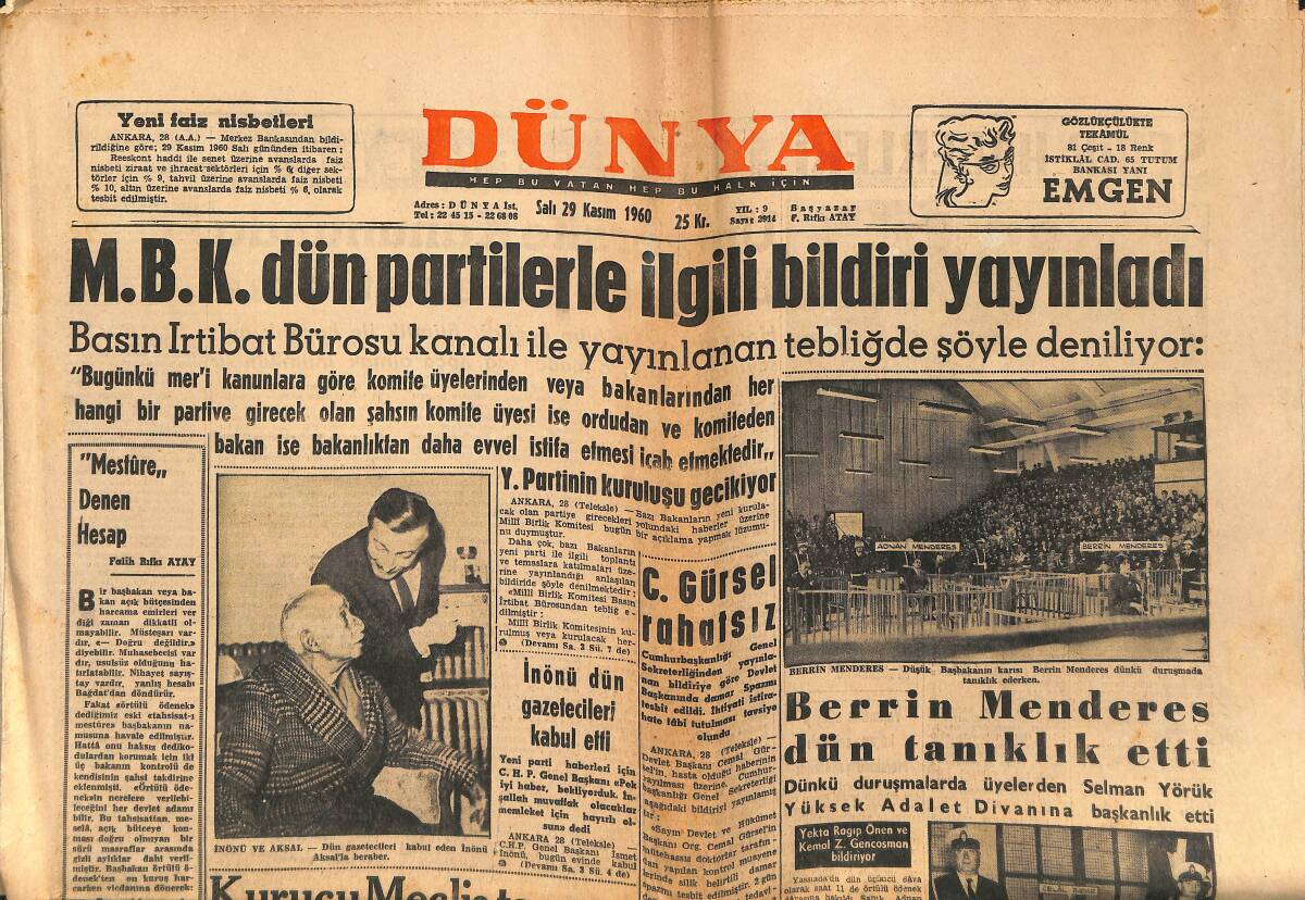 Dünya Gazetesi 29 Kasım 1960 - Berrin Menderes Dün Tanıklık Etti - Lumumba Leopoldville'den Dün Gizlice Kaçtı GZ150900 - 1