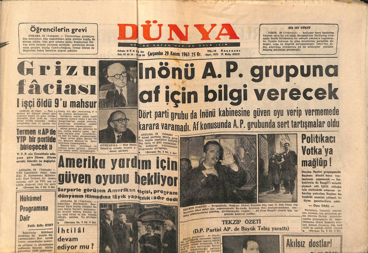 Dünya Gazetesi 29 Kasım 1961 - Tıp Fakültesi Hastaneleri Kapanma Tehlikesi Geçiriyor - Batı Anadolu'da Dün Deprem Oldu GZ148098 - 1