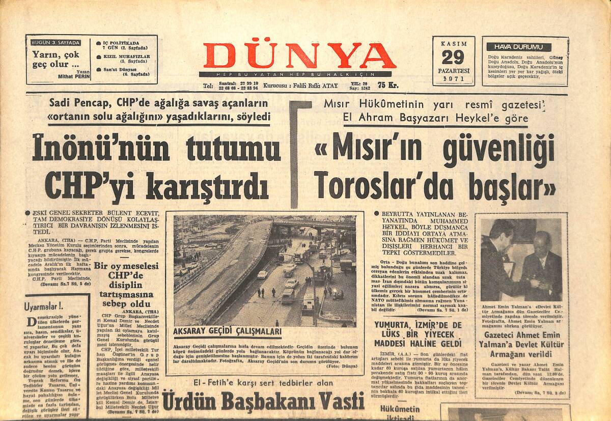 Dünya Gazetesi 29 Kasım 1971 - İnönü'nün Tutumu CHP'yi Karıştırdı - Dünyayı Karıştıran Rus Casus Örgütü GZ142773 - 1