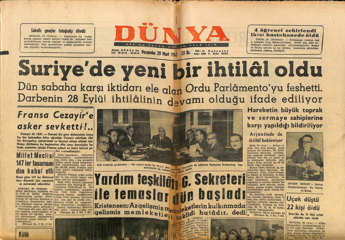 Dünya Gazetesi 29 Mart 1962 - Suriye'de Yeni Bir İhtilal Oldu, Uçak Düştü 22 Kişi Öldü, John Mansfield GZ148167 - 1