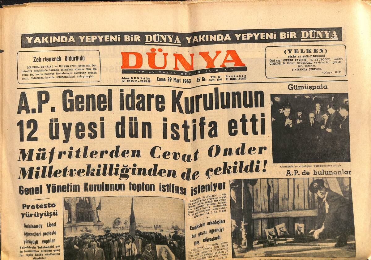 Dünya Gazetesi 29 Mart 1963 - Bayar'ın Cezasının İnfazı Hastanede Devam Edecek - Maldini, Can Bartu İçin Milan'da Oynar Dedi GZ149328 - 1