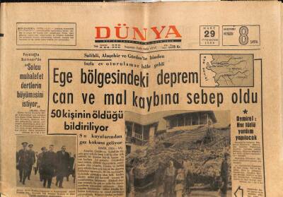 Dünya Gazetesi 29 Mart 1969 - Ege Bölgesindeki Deprem Can Ve Mal Kaybına Sebep Oldu GZ80572 - 1