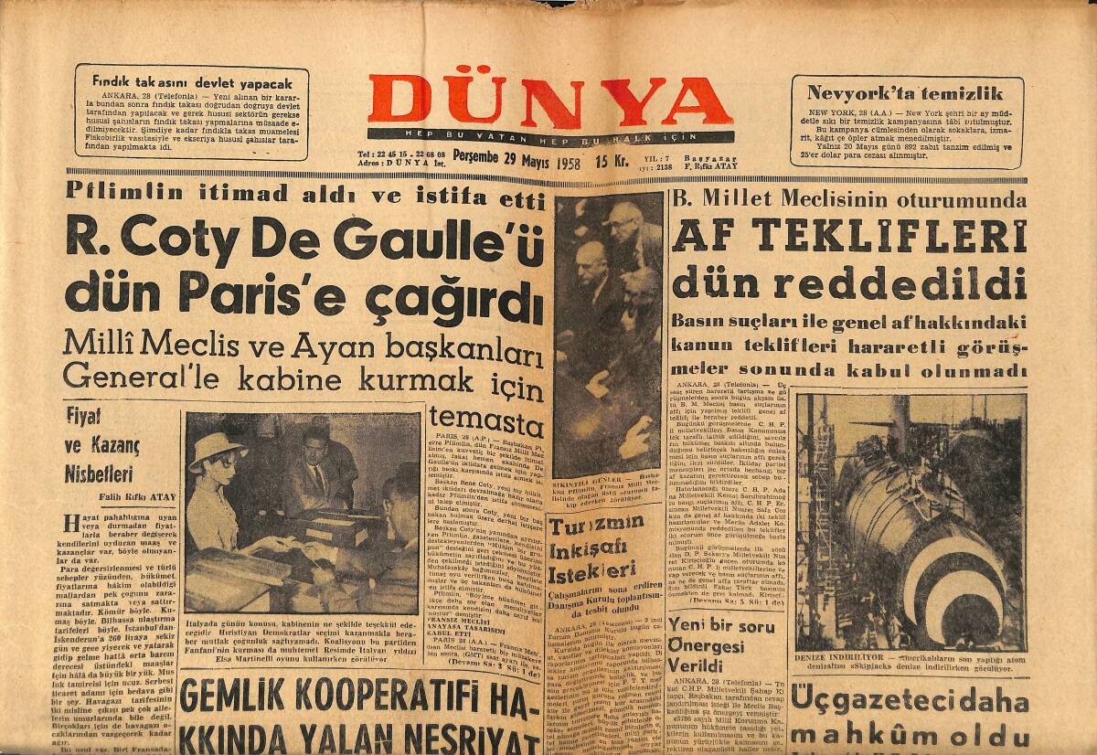 Dünya Gazetesi 29 Mayıs 1958 - Fenerbahçe Camiası Üzüntü İçinde Bulunuyor - Basına Göre Lana Turner GZ152221 - 1