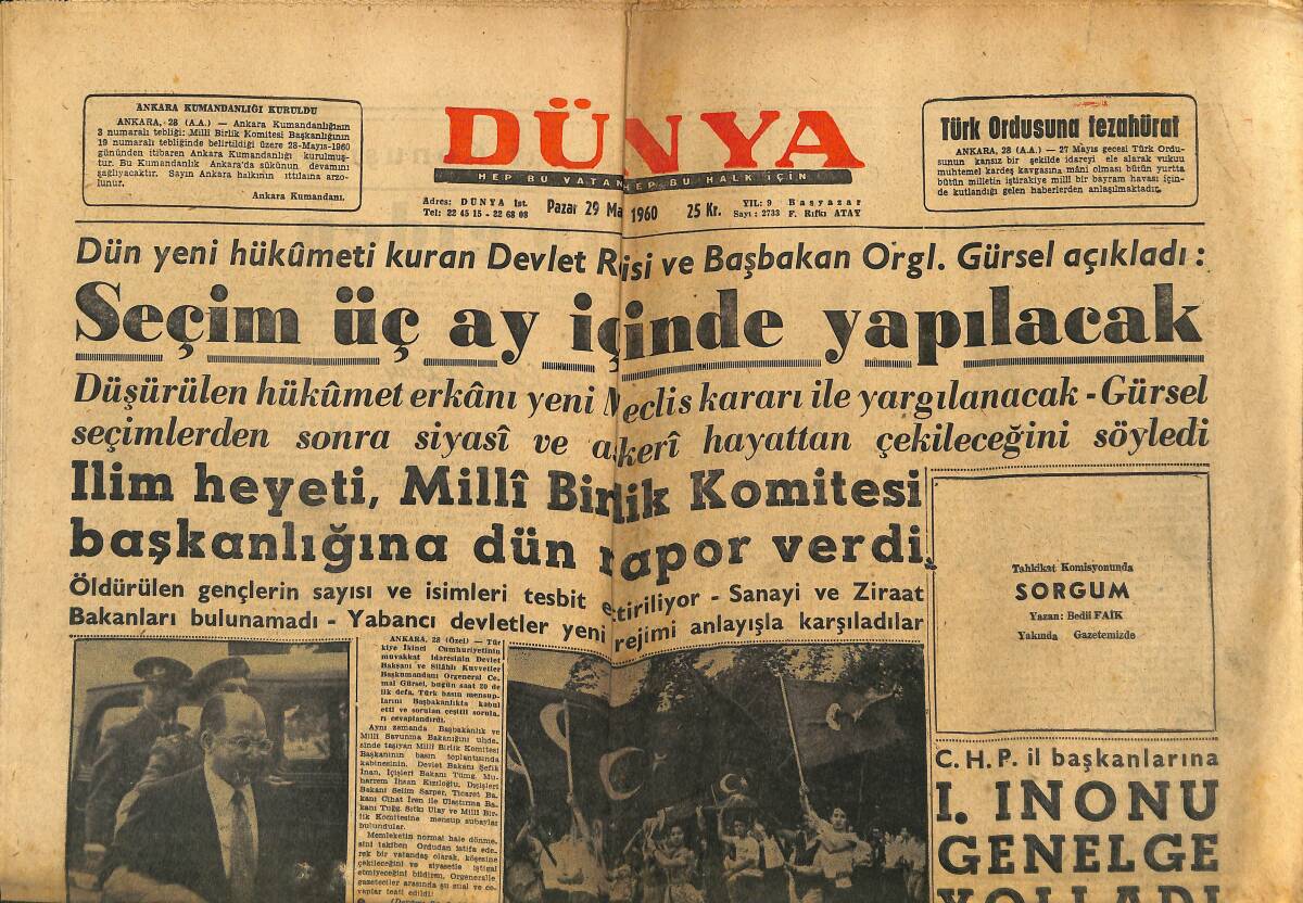 Dünya Gazetesi 29 Mayıs 1960 - Emin Kalafat da Emniyete Alındı - Gürsel'in Teşekkürü GZ148083 - 1