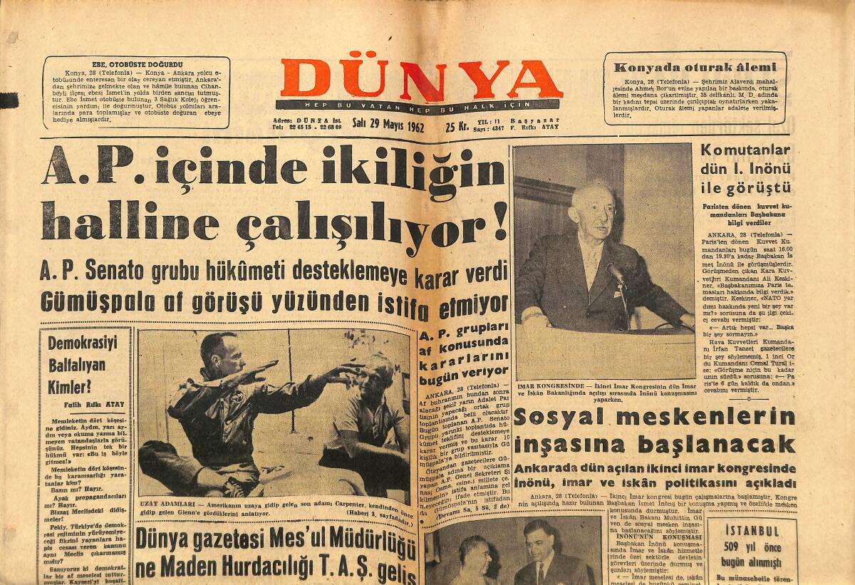 Dünya Gazetesi 29 Mayıs 1962 - Marlen Dietrich'e Katlanmak Güç - Komutanlar Dün İsmet İnönü İle Görüştü GZ147902 - 1