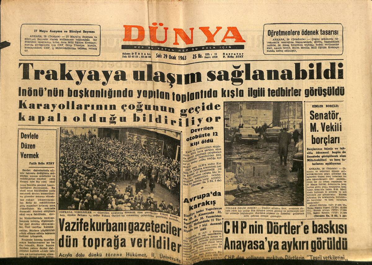 Dünya Gazetesi 29 Ocak 1963 - Ölen Gazeteciler Yüksel Kasapbaşı, Abidin Behpur, Yüksel Öztürk, İran'da Referandum, Eşi Olmayan Araştırma Gemisi GZ148149 - 1