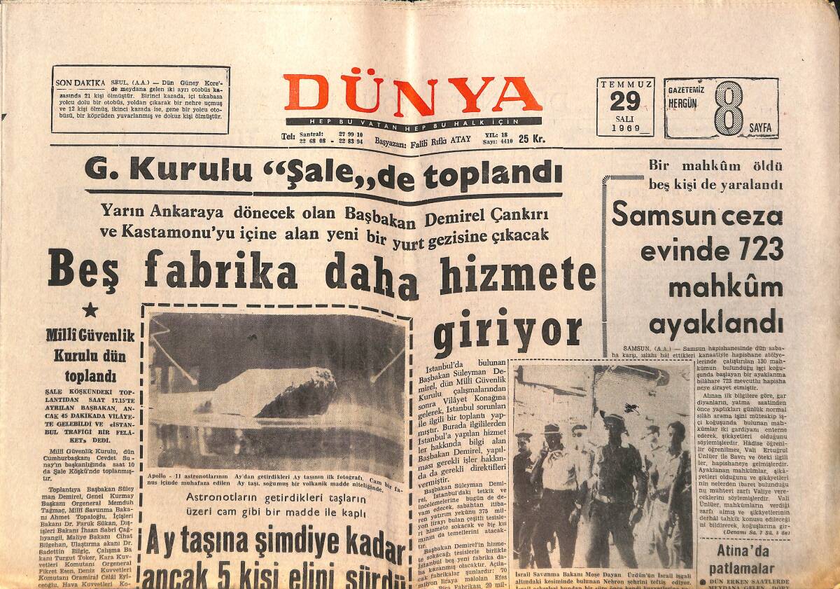 Dünya Gazetesi 29 Temmuz 1969 - Samsun Cezaevinde 723 Mahkum Ayaklandı - Beş Fabrika Daha Hizmete Giriyor GZ150541 - 1