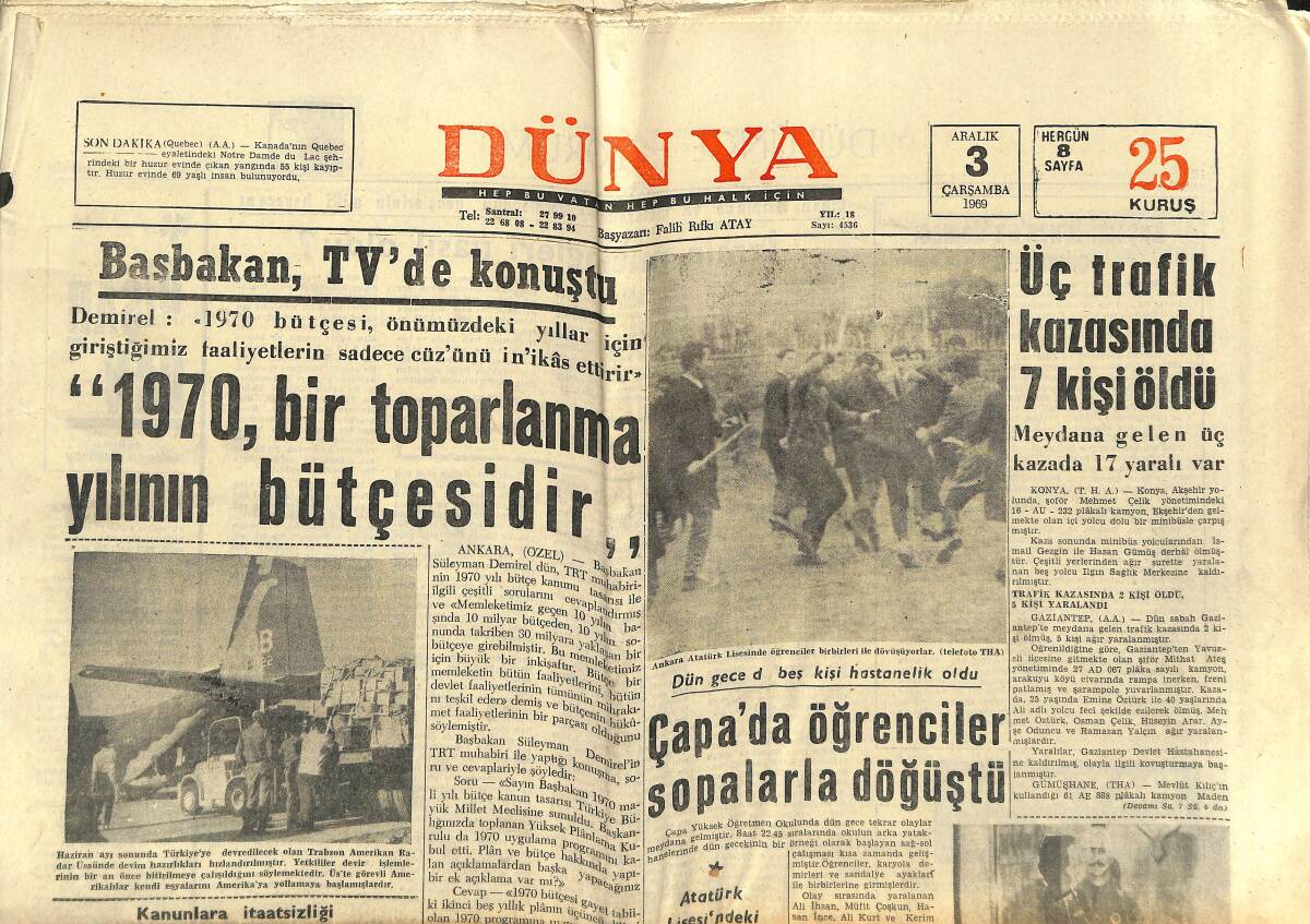 Dünya Gazetesi 3 Aralık 1969 - Çapa'da Öğrenciler Sopalarla Dövüştü - Büyük Maç Ali Sami Yen'de GZ150964 - 1
