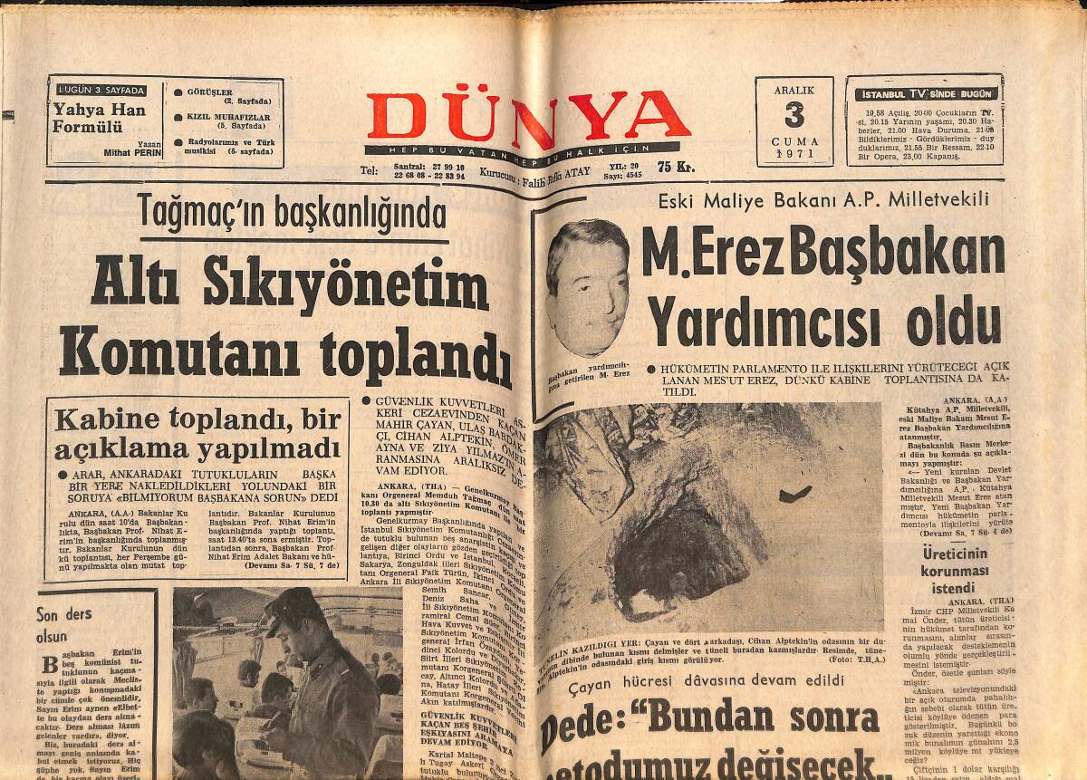 Dünya Gazetesi 3 Aralık 1971 - Selma Ersöz Başarı Yolunda İlerliyor - M. Erez Başbakan Yardımcısı Oldu GZ146431 - 1