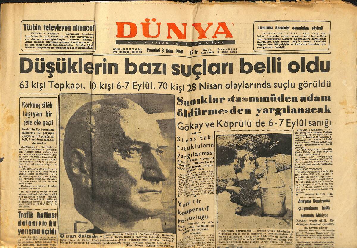 Dünya Gazetesi 3 Ekim 1960 - Afyon Kaçakçıları Suçüstü Yakalandı - Yurttaki Kadastro Durumu Soruluyor GZ148077 - 1