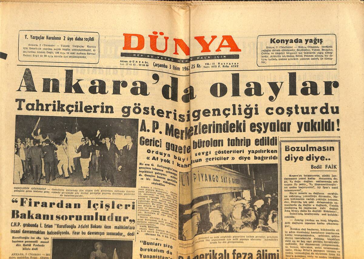 Dünya Gazetesi 3 Ekim 1962 - Yüksel Menderes Yardım İstiyor - Galatasaray'a Irak Şampiyonu Düştü GZ148214 - 1