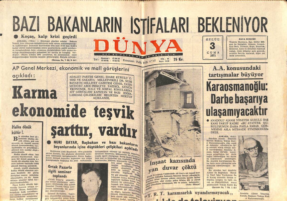 Dünya Gazetesi 3 Eylül 1971 - TRT'de Türk Musikisi Ele Alınıyor - İzmir'de Televizyon Yayınları Başlayacak GZ151095 - 1