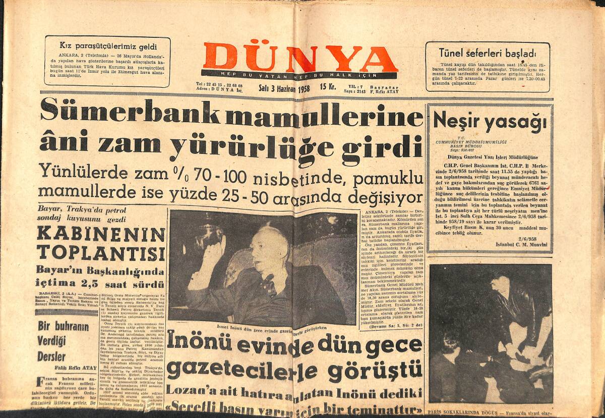 Dünya Gazetesi 3 Haziran 1958 - Rusya'yı Durduran Memleket: Türkiye - Temiz Yürekli Jayne Mansfield GZ150412 - 1