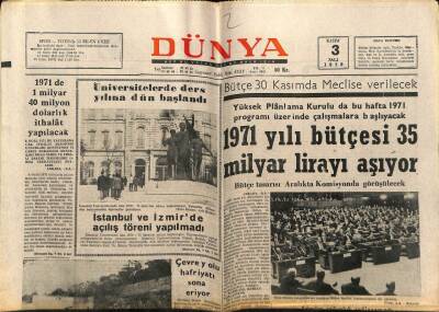Dünya Gazetesi 3 Kasım 1970 - 1971 Yılı Bütçesi 35 Milyar Lirayı Aşıyor GZ68272 - 2