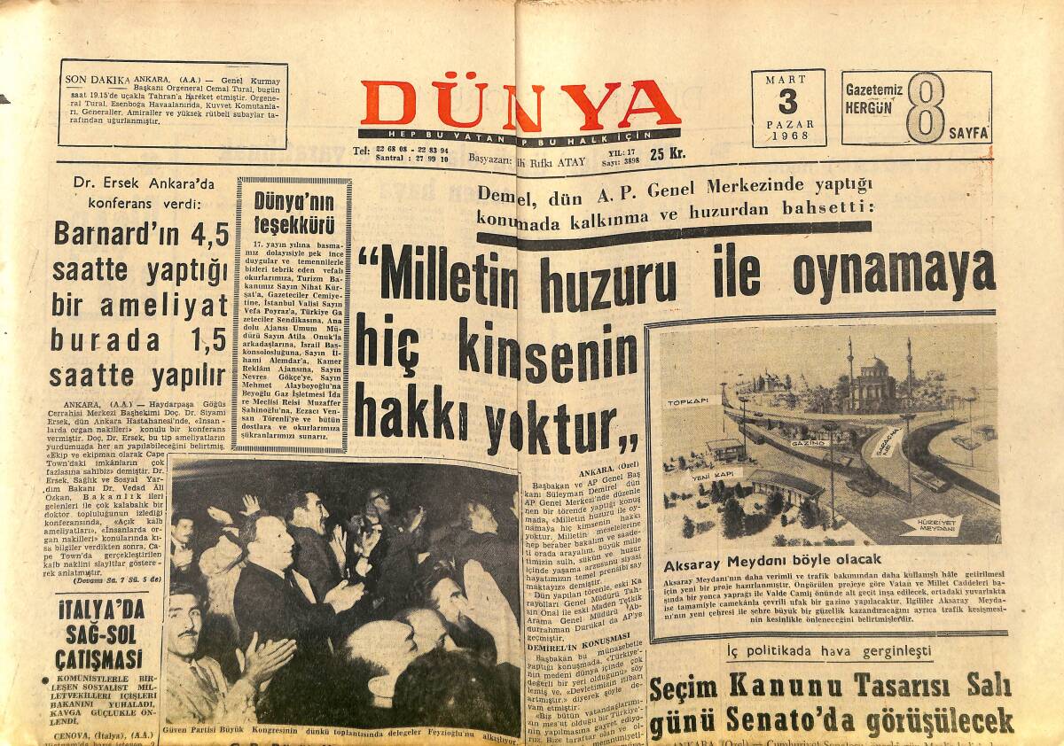 Dünya Gazetesi 3 Mart 1968 - Aksaray Meydanı Böyle Olacak - İsrailli Çavuş Sabra Striptiz Kraliçesinin Nefis Görünüşü GZ152170 - 1