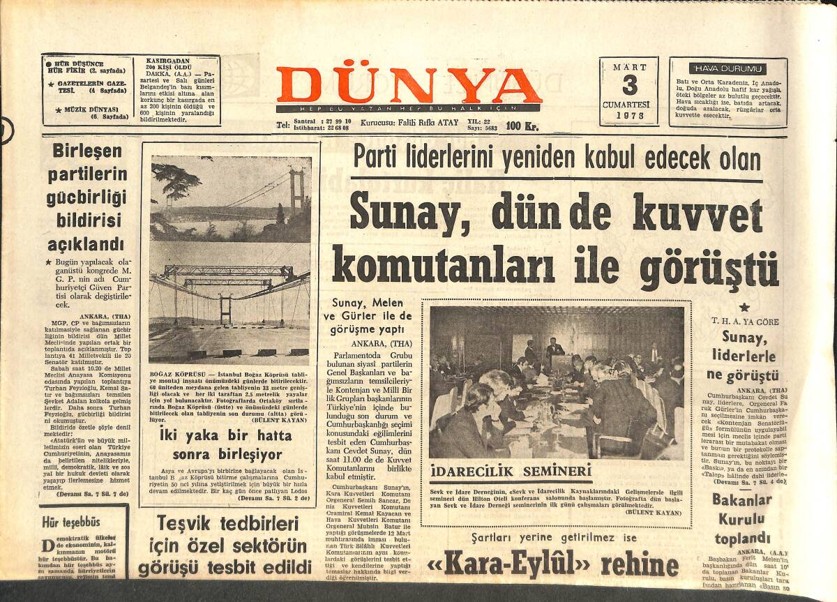 Dünya Gazetesi 3 Mart 1973 - Galatasaray Ezeli Rakibi Beşiktaş'tan Çekiniyor - Sylvie Ve Johnny Balayı Geçirirken Çok Mutlu Görünüyorlar GZ142800 - 1