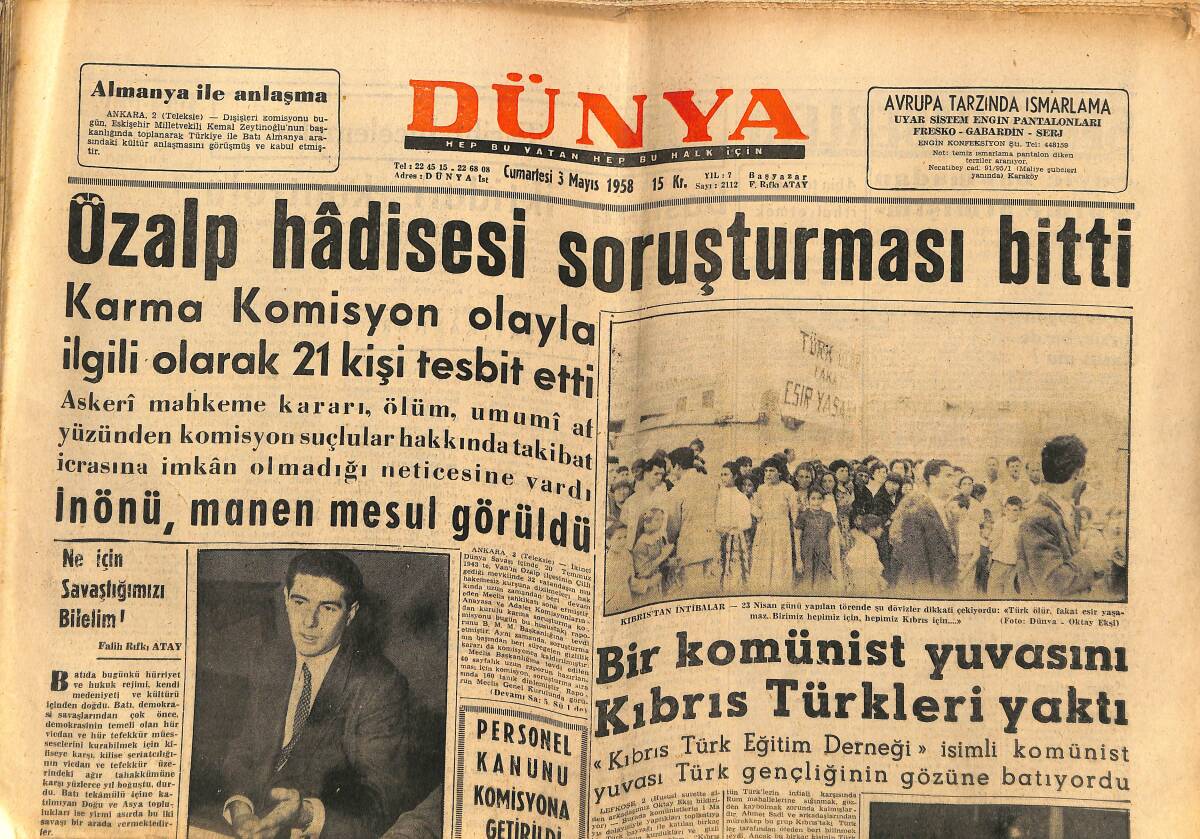 Dünya Gazetesi 3 Mayıs 1958 - Özalp Hadisesi Soruşturması Bitti - Adnan Menderes Dün Karaşi'ye Geldi GZ152226 - 1