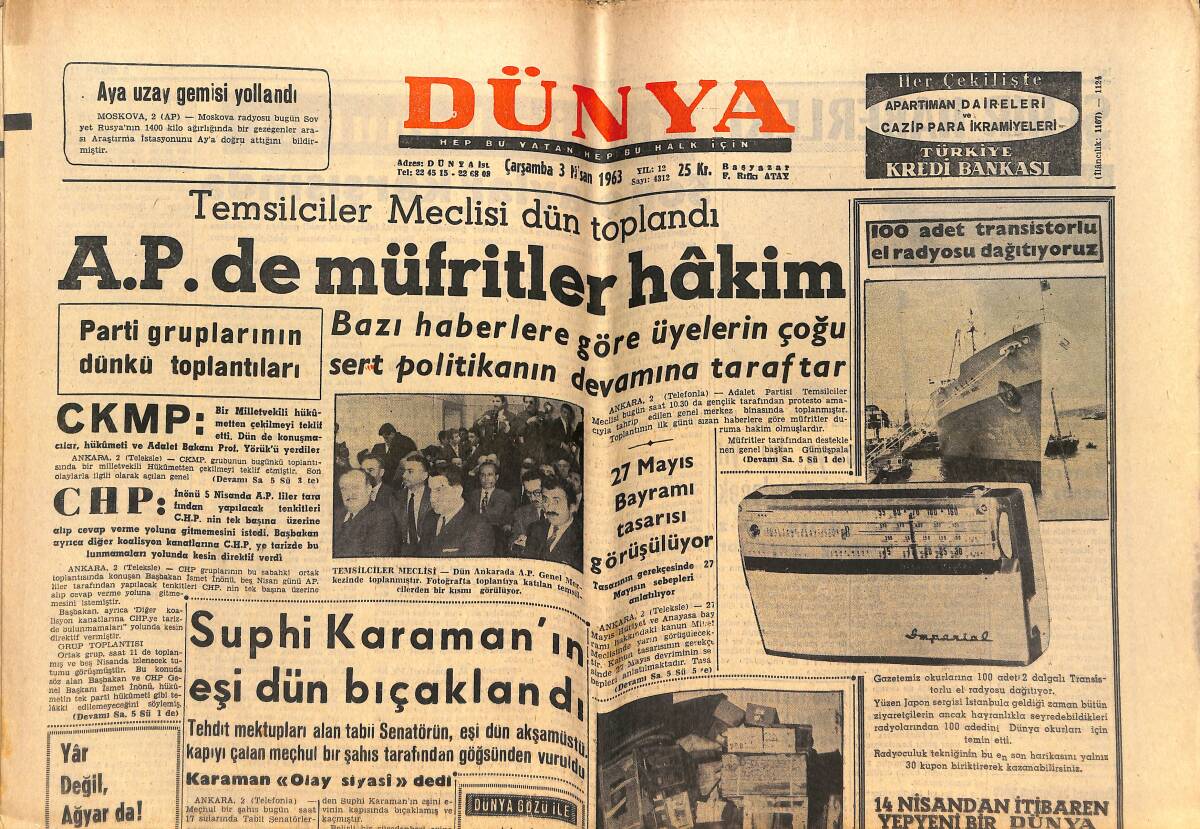 Dünya Gazetesi 3 Nisan 1963 - Suphi Karaman'ın Eşi Dün Bıçaklandı - Kennedy: Türkiye'ye Yardım Lazım GZ152527 - 1