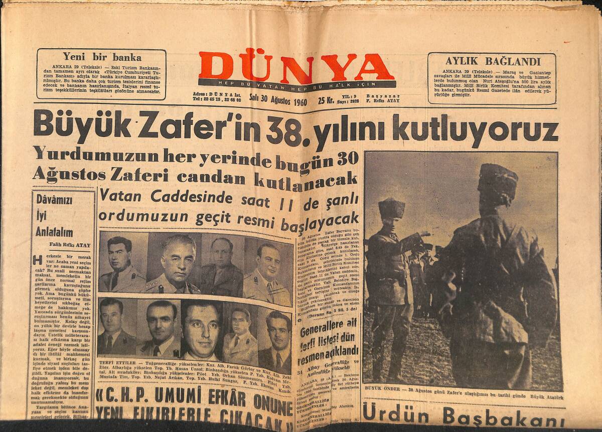 Dünya Gazetesi 30 Ağustos 1960 - Büyük Zaferin 38. Yılını Kutluyoruz - Sophia Loren, V. Siga'nın Önünde Hıçkıra Hıçkıra Ağlıyordu GZ150890 - 1