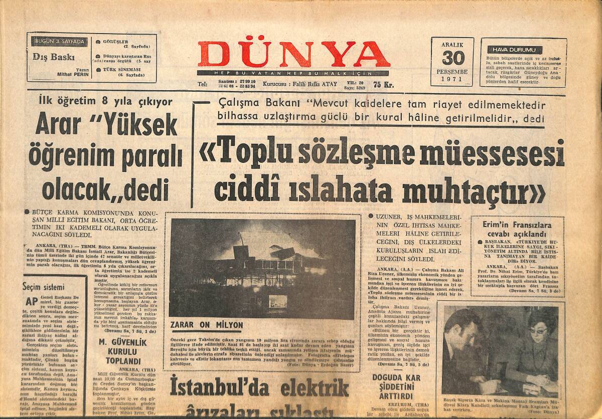 Dünya Gazetesi 30 Aralık 1971 - Boğaz Köprüsü 135 Milyon Mark'a Sigorta Ettirildi - Kral Faruk'un Yüzen Oteli Yandı 12 Kişi Öldü GZ143452 - 1