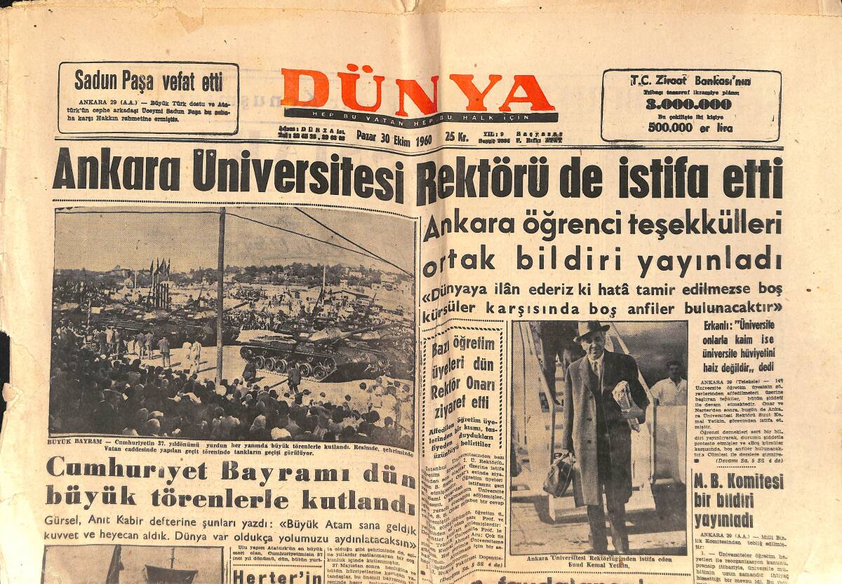 Dünya Gazetesi 30 Ekim 1960 - Ankara Üniversitesi Rektörü de İstifa Etti GZ160907 - 1