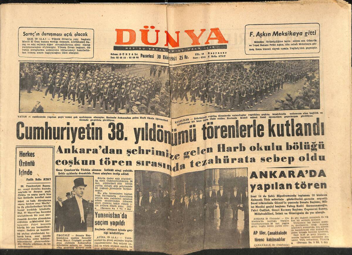 Dünya Gazetesi 30 Ekim 1961 - Cumhuriyetin 38. Yıldönümü Törenlerle Kutlandı - Milli Takımımız Zor Da Olsa Norveç'i 2-1 Yendi GZ152383 - 1