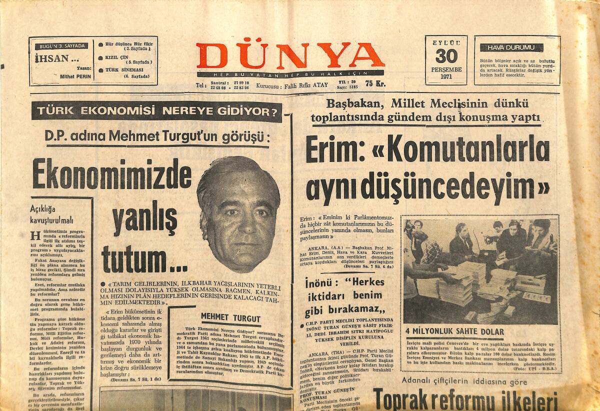 Dünya Gazetesi 30 Eylül 1971 - 3. Altın Koza Film Şenliği Yılmaz Güney'in Zaferi İle Sonuçlandı GZ148061 - 1
