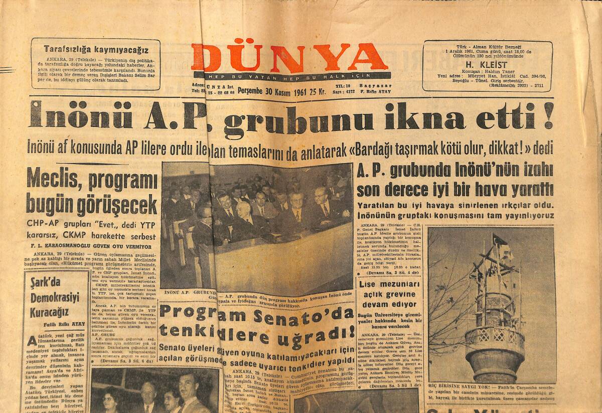 Dünya Gazetesi 30 Kasım 1961 - İnönü A.P. Grubunu İkna Etti - İtalyan Belediye Kanunu İstedi GZ148099 - 1