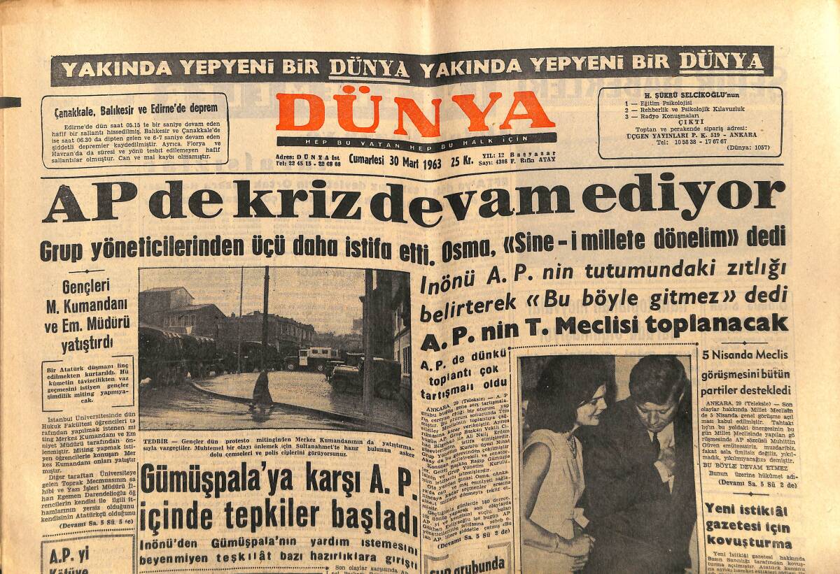 Dünya Gazetesi 30 Mart 1963 - Hilton'da Vakko'nun Defilesi - Başkan Kennedy Ve Eşi Jacqueline Kennedy GZ149327 - 1