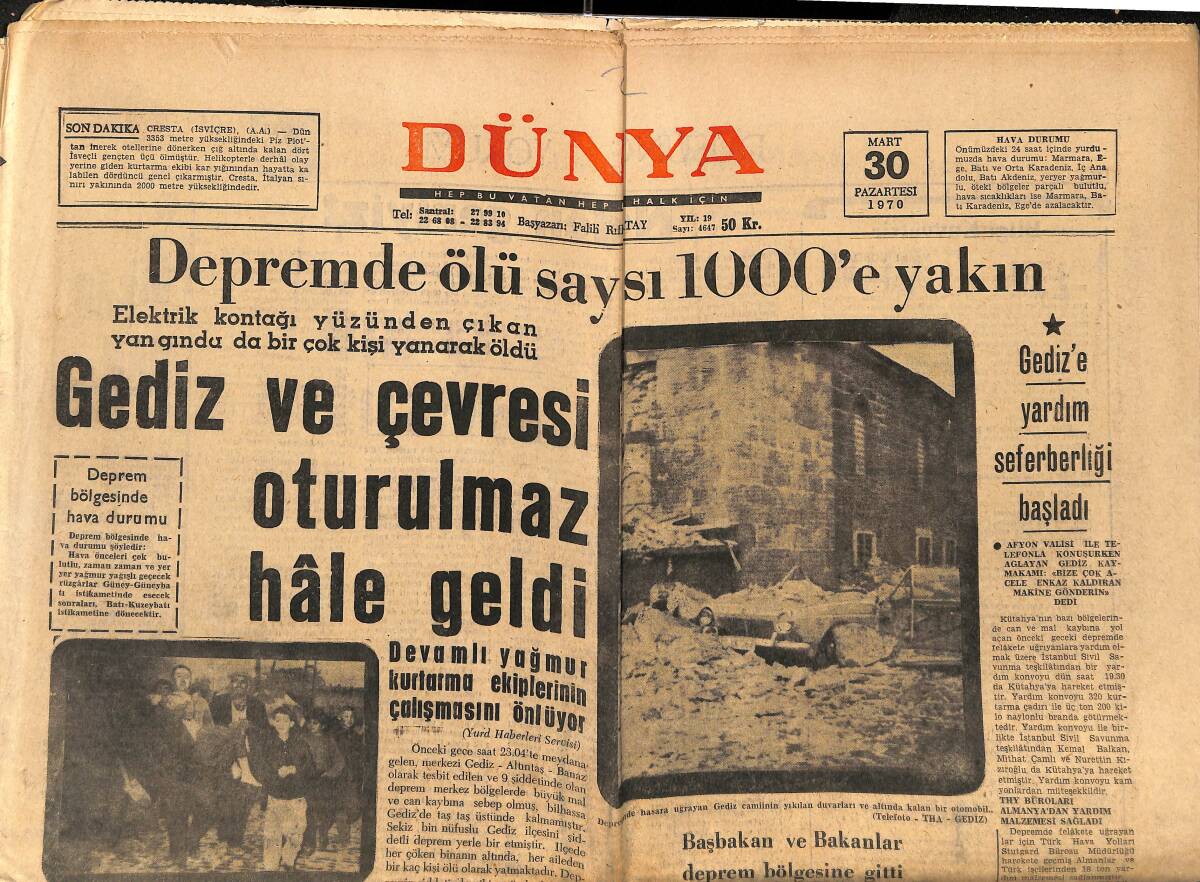 Dünya Gazetesi 30 Mart 1970 - Gediz Ve Çevresi Oturulmaz Hale Geldi - Beşiktaş Ve Galatasaray Yuhalandı GZ150917 - 1