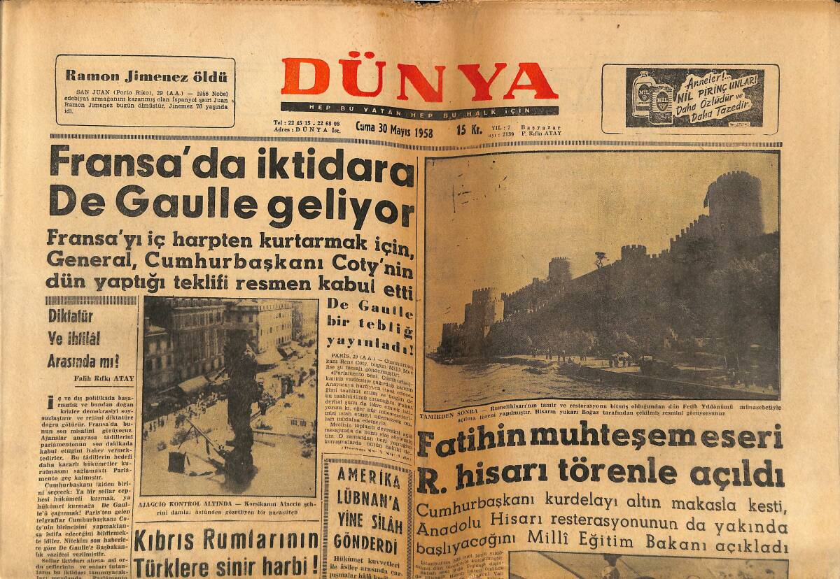 Dünya Gazetesi 30 Mayıs 1958 - Fatih'in Muhteşem Eseri Rumeli Hisarı Törenle Açıldı - Migro Mustafa Fenerbahçe İle Anlaştı GZ152219 - 1