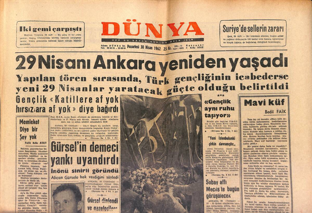 Dünya Gazetesi 30 Nisan 1962 - 29 Nisan'ı Ankara Yeniden Yaşadı - Gürsel'in Demeci Yankı Uyandırdı GZ149596 - 1