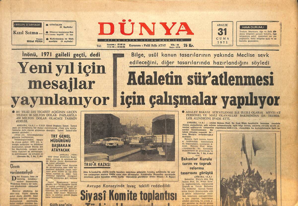Dünya Gazetesi 31 Aralık 1971 - 1971'deki Önemli Spor Olayları - İtalya'nın Yeni Cumhurbaşkanı GZ143453 - 1