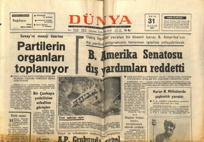 Dünya Gazetesi 31 Ekim 1971 - B.Amerika Senatosu Dış Yardımları Reddetti GZ68296 - 1