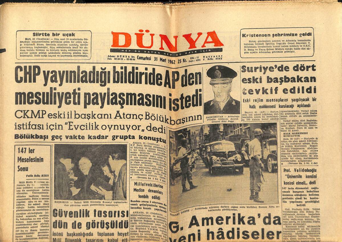 Dünya Gazetesi 31 Mart 1962 - Güney Amerika'da Yeni Hadiseler - Palermo 120 Bin İstedi Galatasaray Hayır Dedi GZ151003 - 1