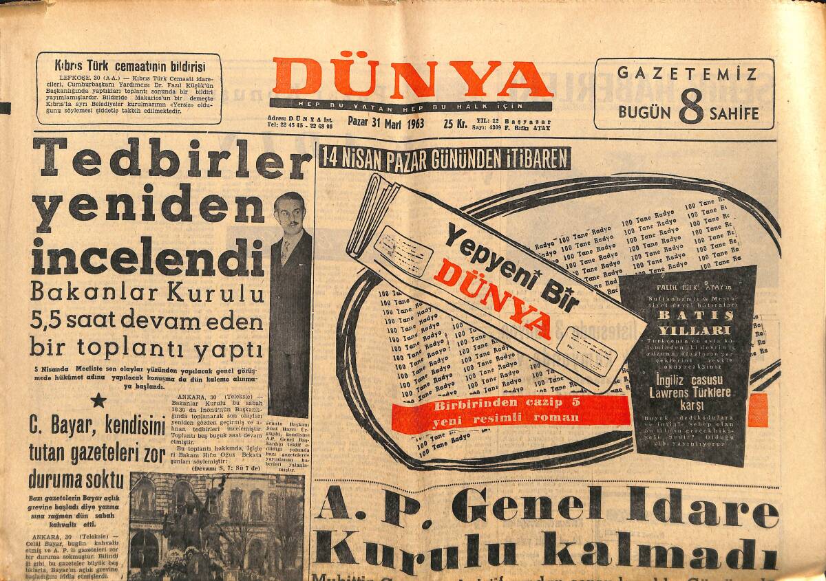 Dünya Gazetesi 31 Mart 1963 - Türkiye İş Bankası 31 Aralık 1962 Bilançosu, Kar Zarar Hesabı - AP Genel İdare Kurulu Kalmadı GZ149329 - 1