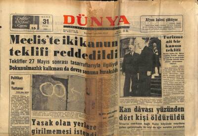 Dünya Gazetesi 31 Mayıs 1963 - Mecliste İki Kanun Teklifi Reddedildi GZ59936 - 1