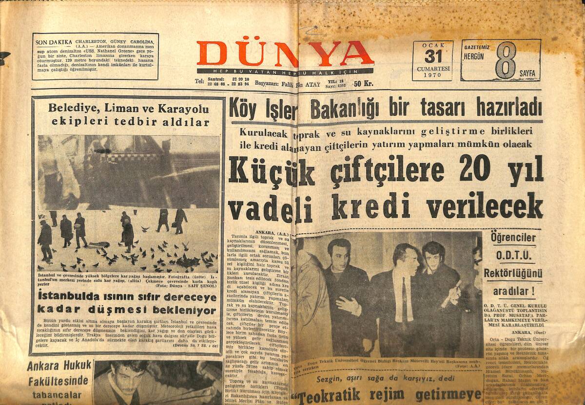 Dünya Gazetesi 31 Ocak 1790 - Küçük Çiftçilere 20 Yıl Vadeli Kredi Verilecek - İstanbul Televizyonu Faaliyete Geçecek GZ148281 - 1