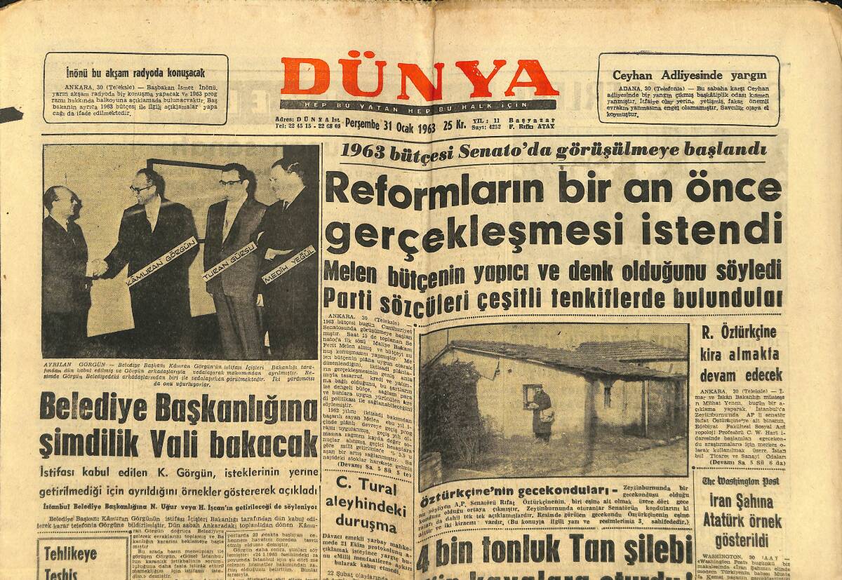 Dünya Gazetesi 31 Ocak 1963 - Trakya'da Kış Çok Şiddetli - İran Şahına Atatürk Örnek Gösterildi GZ148068 - 1