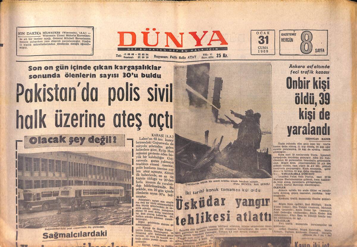 Dünya Gazetesi 31 Ocak 1969 - Üsküdar'da İki Tarihi Konak Kül Oldu - Ankara'da Feci Kaza 11 Kişi Öldü - Göztepe'nin Zaferi - Charlie Chaplin GZ155886 - 1