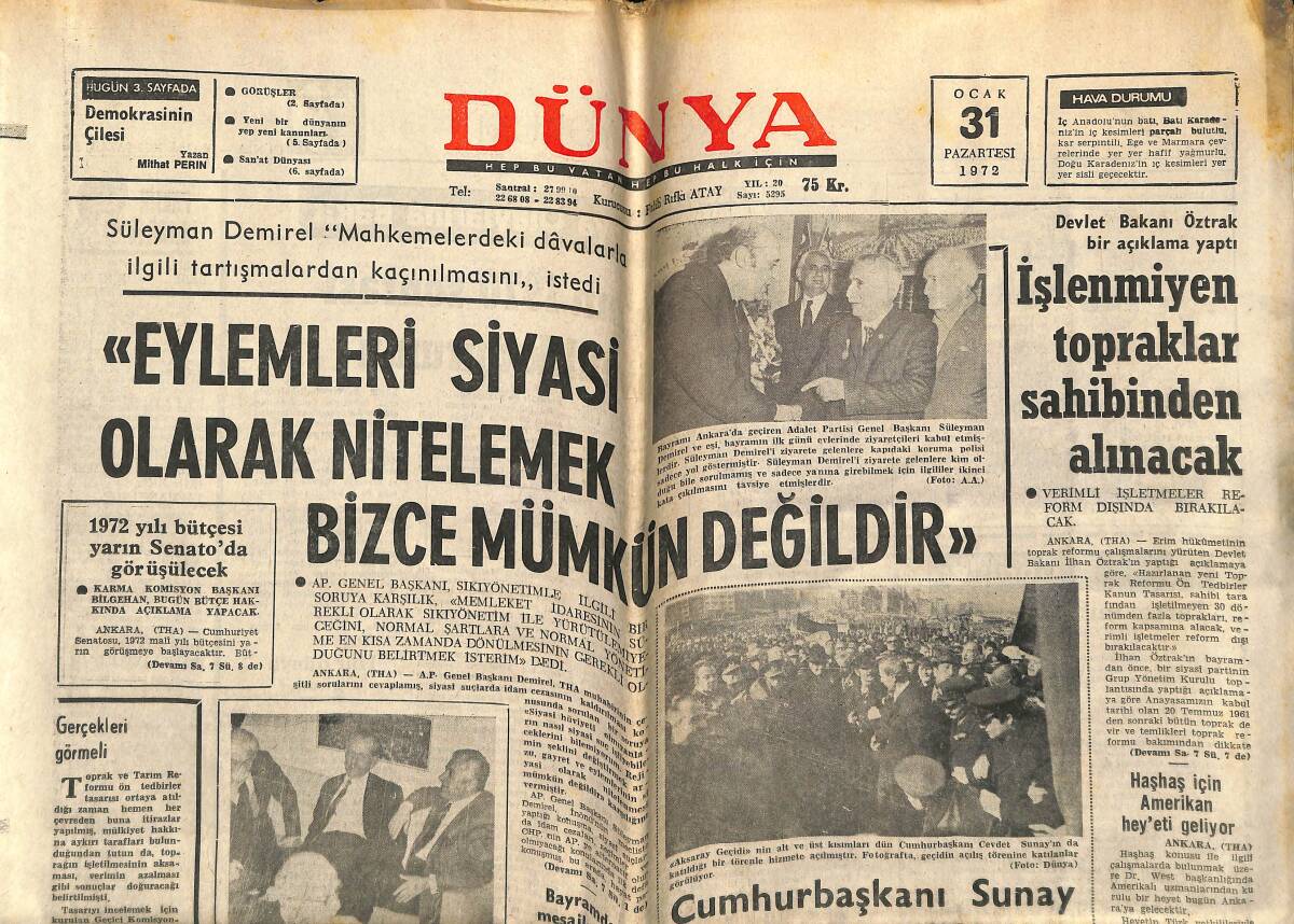 Dünya Gazetesi 31 Ocak 1972 - Tütünde Baş Fiyat Tesbit Edildi - Akbank 24 Yaşında GZ142951 - 1