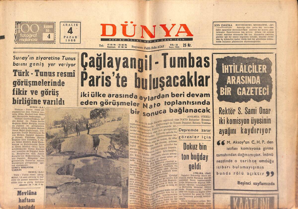 Dünya Gazetesi 4 Aralık 1966 - Çağlayangil-Tumbas Paris'te Buluşacaklar - Dokuz Bin Ton Buğday Geldi GZ149602 - 1