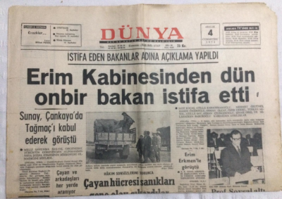 Dünya Gazetesi 4 Aralık 1971 - Erim Kabinesinden Dün 11 Bakan İstifa Etti - GZ21196 - 1
