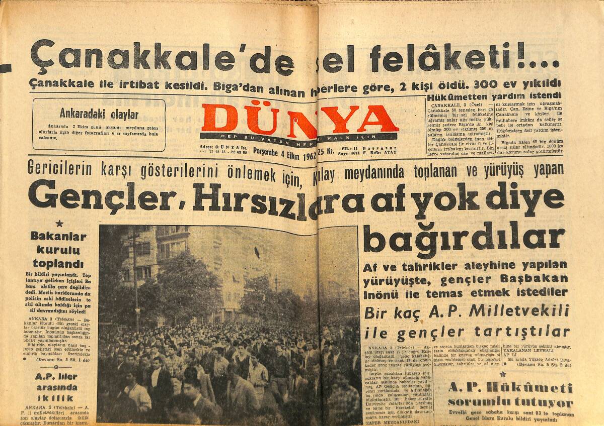 Dünya Gazetesi 4 Ekim 1962 - Amerika Uzaya Yeni Astronot Gönderdi - Mississippi'de Yeniden Zenci Aleyhine Gösteriler Yapıldı GZ148215 - 1