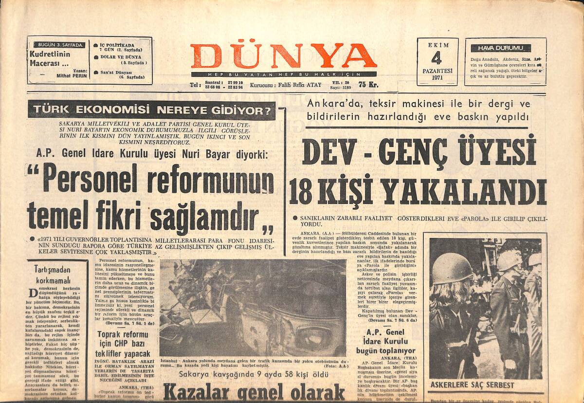 Dünya Gazetesi 4 Ekim 1971 - Dev-Genç Üyesi 18 Kişi Yakalandı! - Amatör Milli Takımımız İlk Maçını Suriye İle Oynayacak! GZ143510 - 1