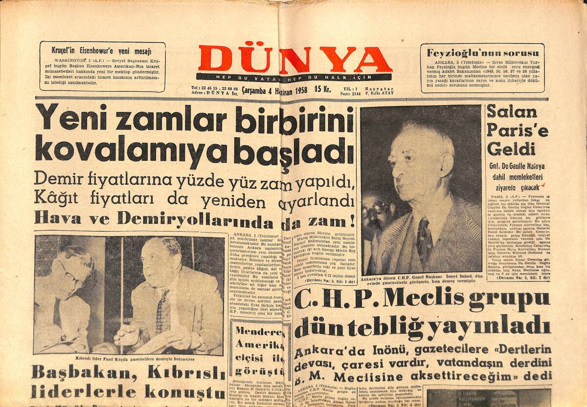 Dünya Gazetesi 4 Haziran 1958 - Fenerbahçe Takımında Tadilat Yapılamıyor - Sovyetler Türkiye'ye Yaklaşmak Gayesinde GZ150413 - 1
