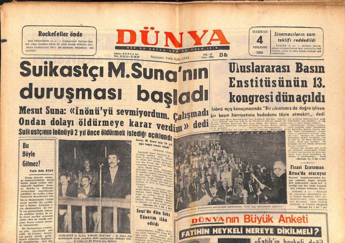 Dünya Gazetesi 4 Haziran 1964 - Kazım Orbay Dün Vefat Etti - Lefter, Mithatpaşa Stadına Veda Ederken GZ150902 - 1