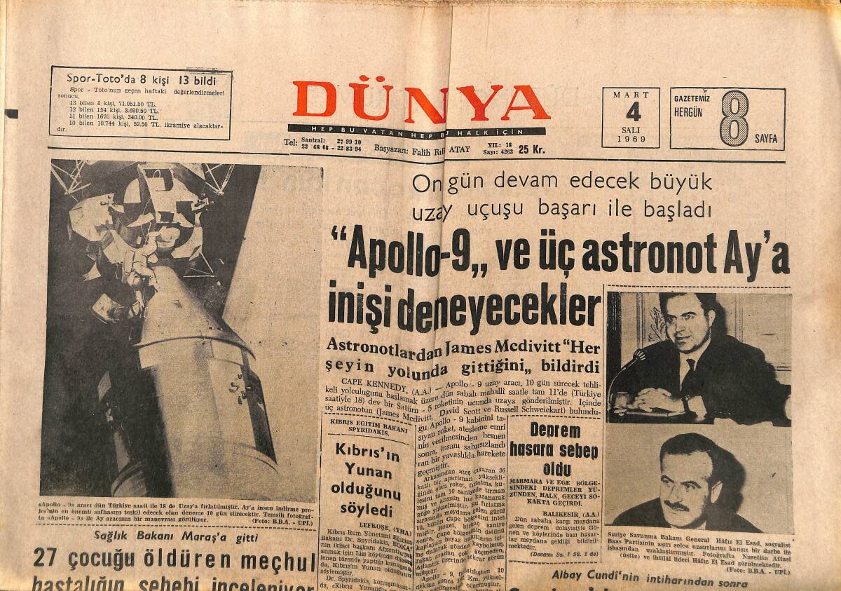 Dünya Gazetesi 4 Mart 1971 - Apollo-9 Ve Üç Astronot Ay'a İnişi Deneyecekler - Giresunlu Futbolcular Tren Altında Kaldılar GZ149326 - 1